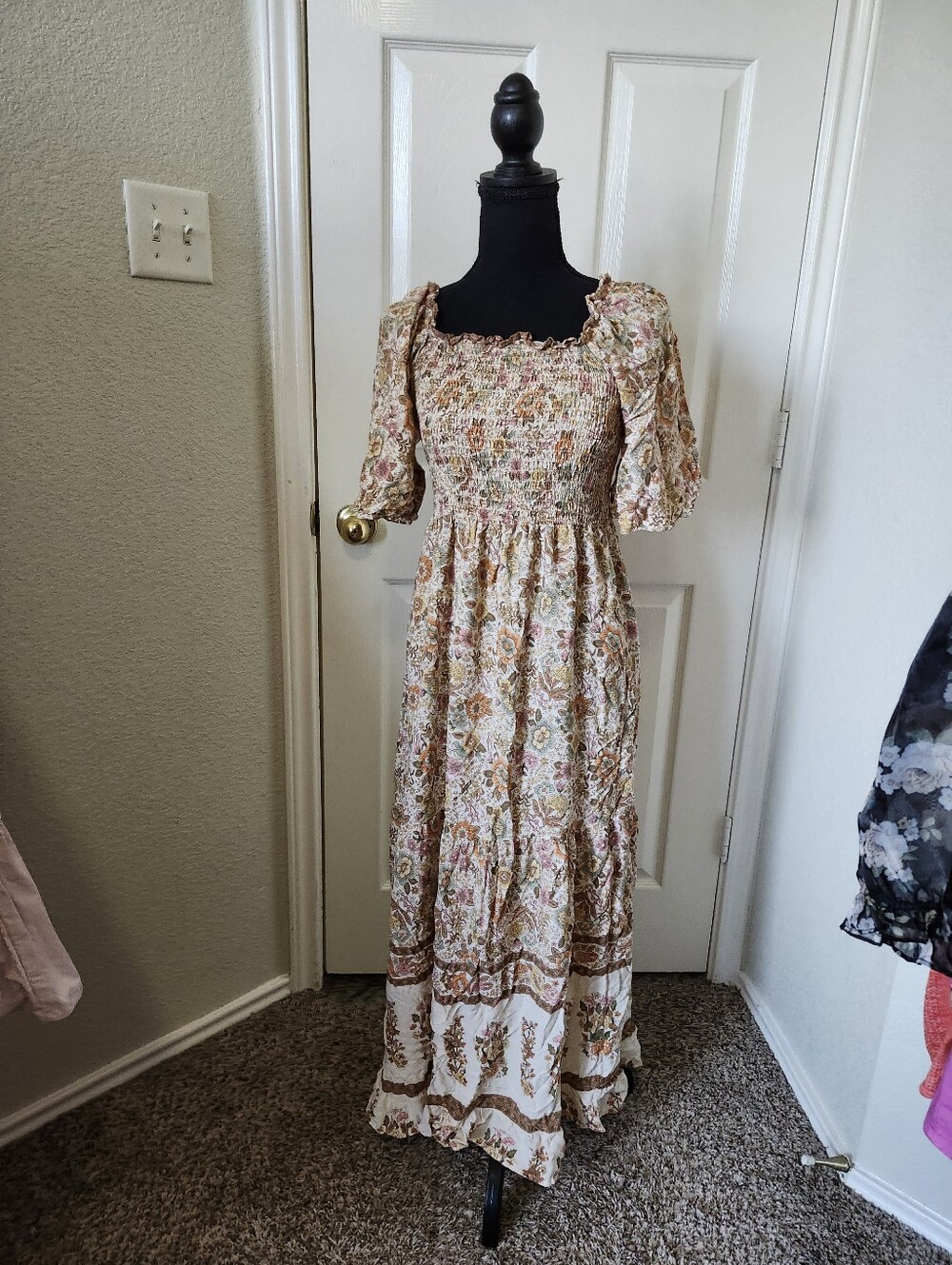 Kindred Floral Smocked Maxi Dress in Cream and Brown